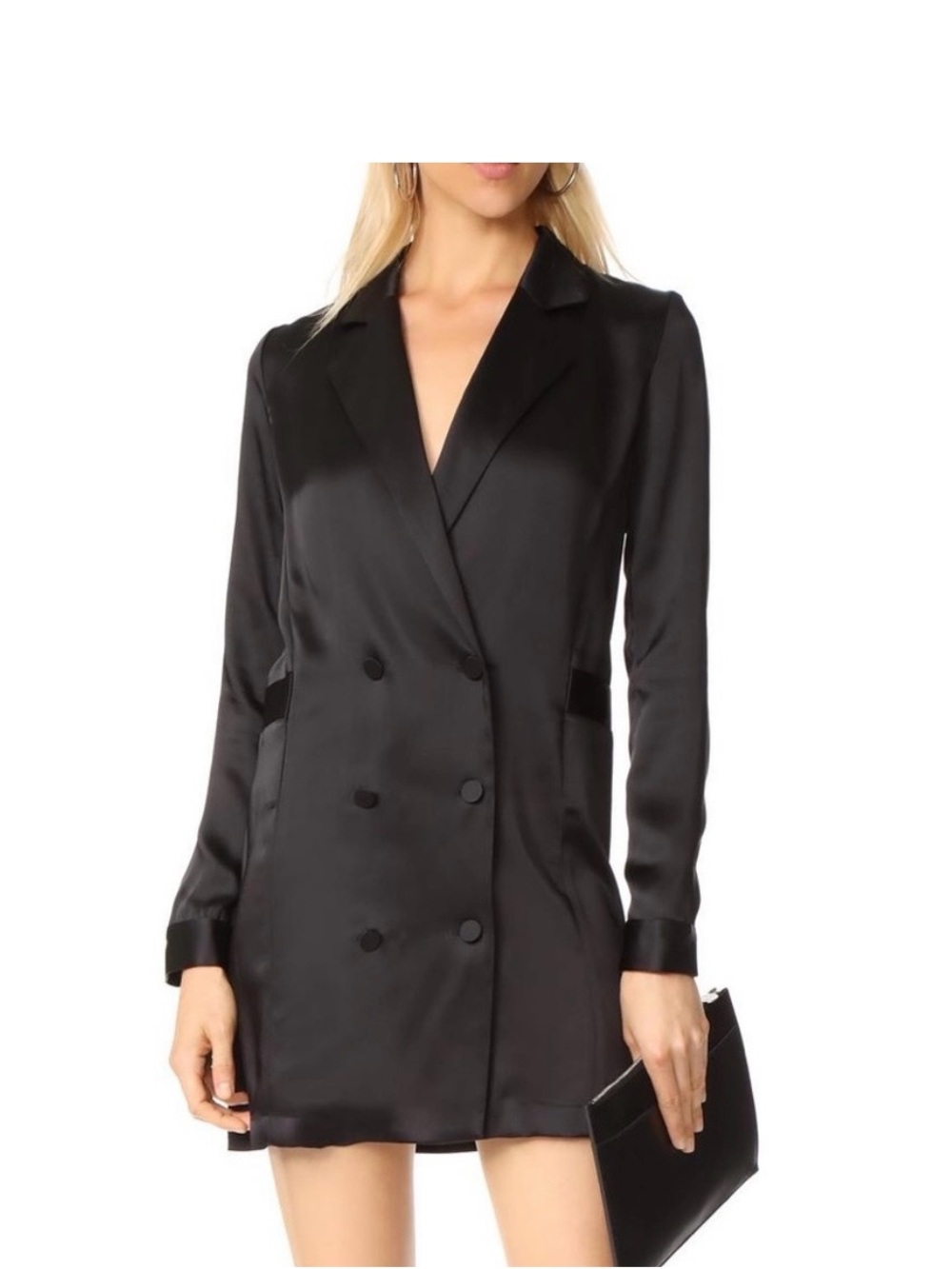 Fleur du Mal Black Satin Double-Breasted Blazer Mini Dress